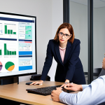 **

"A compliance professional, acting as a mentor, discussing ethical dilemmas and solutions with colleagues in a modern office environment. The scene should emphasize teamwork and collaborative problem-solving. Incorporate elements of technology, such as dashboards displaying risk metrics, to highlight the use of data analysis in compliance. The style should be professional and approachable, reflecting the role of compliance as a supportive function within the organization."

**